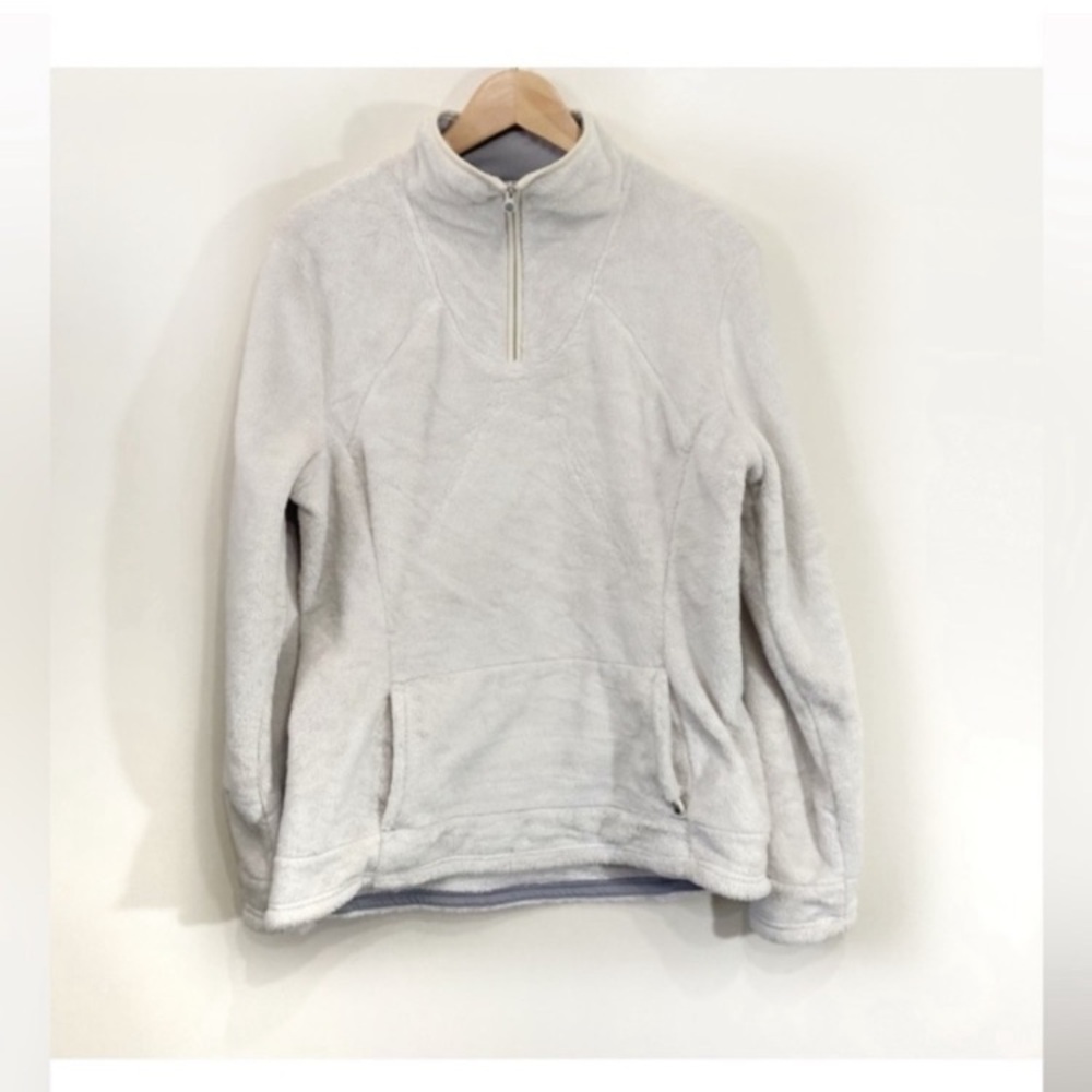 The North Face 1/4 Zip Up Sweater Fuzzy Front Hood Longsleeve Cream Size XL